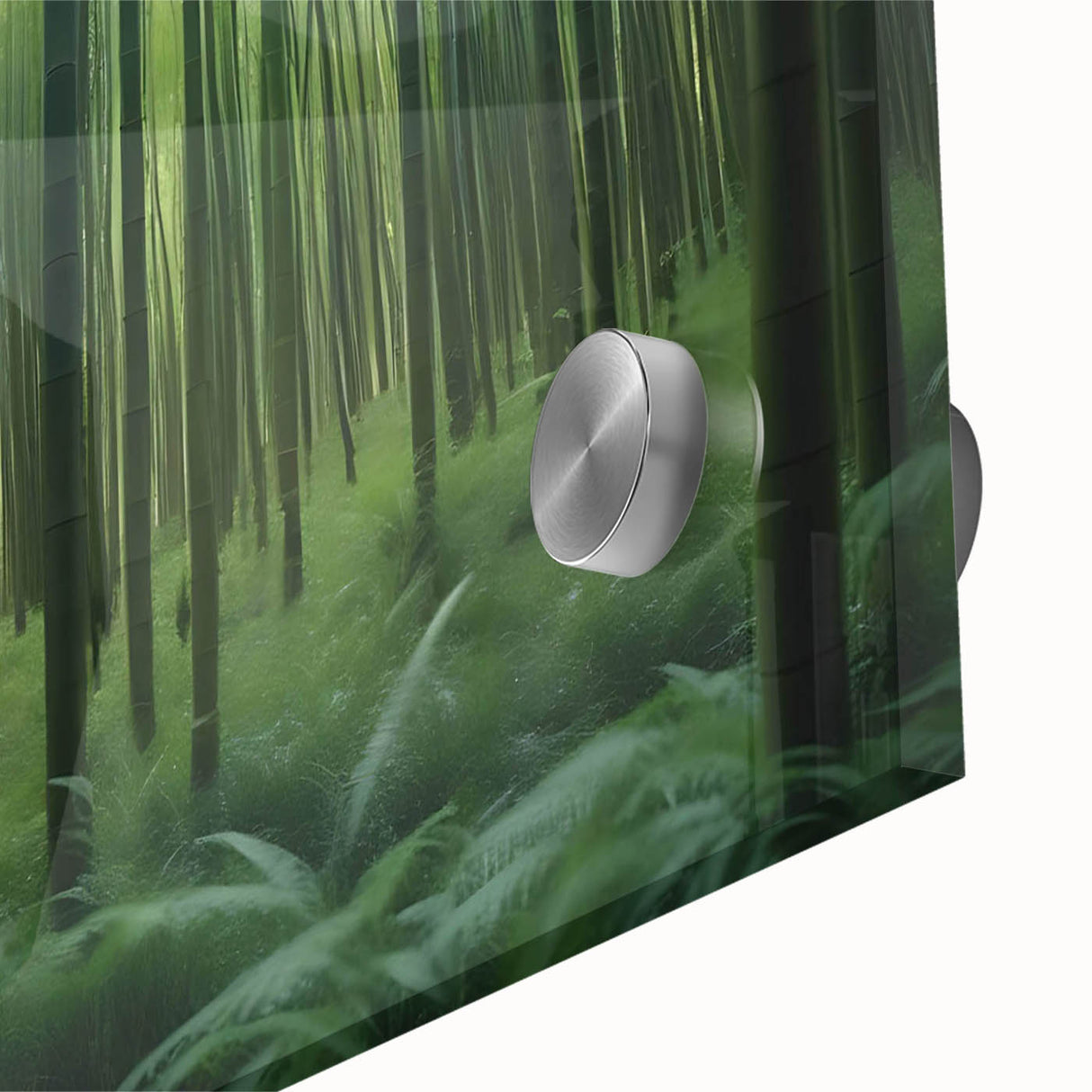 Close-up of a vibrant acrylic glass wall art piece depicting a serene landscape with lush trees, showcasing intricate details and colors. Ideal for modern home decor.