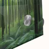 Close-up of a vibrant acrylic glass wall art piece depicting a serene landscape with lush trees, showcasing intricate details and colors. Ideal for modern home decor.