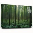 Acrylic glass wall art featuring a vibrant landscape design with trees, displayed in a side view that highlights its modern aesthetic and sleek finish, ideal for home decor.