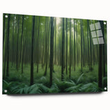 Acrylic glass wall art featuring a vibrant landscape design with trees, displayed in a side view that highlights its modern aesthetic and sleek finish, ideal for home decor.