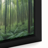 Framed close-up of a vibrant landscape wall art canvas showcasing lush green trees and a serene blue sky, perfect for home decor and nature lovers.