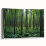 Framed canvas wall art featuring a serene landscape with vibrant trees, set against a silver frame, perfect for enhancing modern home decor. This artwork adds a touch of nature's beauty to any living space, ideal for those seeking tranquility.