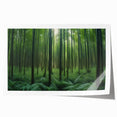 Rolled print showcasing a serene landscape with vibrant green trees and a tranquil blue sky, designed for wall art collection, elegantly packaged for display.