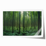 Rolled print showcasing a serene landscape with vibrant green trees and a tranquil blue sky, designed for wall art collection, elegantly packaged for display.