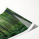 Rolled print showcasing a serene landscape featuring lush green trees and vibrant blue skies, designed for home decor and wall art collection display.