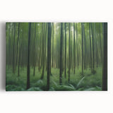 Stretched canvas artwork showcasing a vibrant landscape with tall trees, perfect for home decor. The piece features rich greens and blues, adding a serene touch to any room.