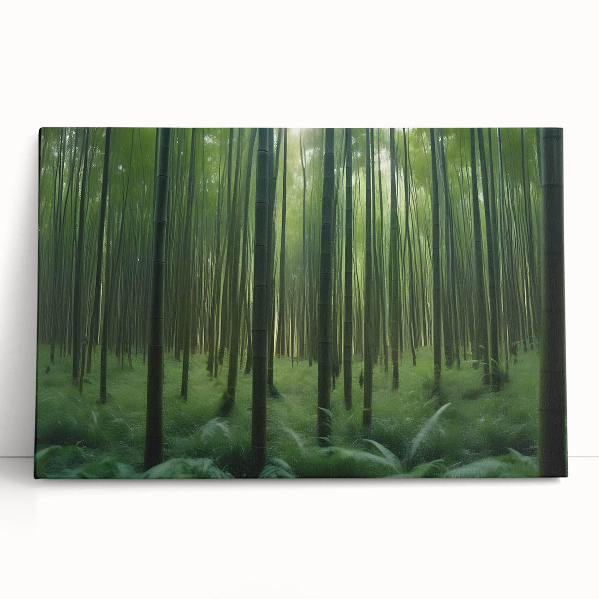 Stretched canvas wall art featuring a vibrant landscape design with trees, leaning against a neutral wall, ideal for home decor and nature lovers.