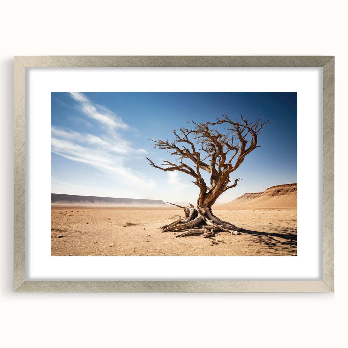 Framed wall art showcasing a serene landscape with trees, featuring a silver mat and frame, perfect for home decor and enhancing interior aesthetics.