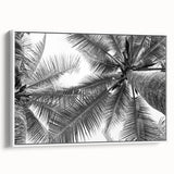 Framed canvas artwork showcasing a serene landscape design with lush green trees and a tranquil atmosphere, presented in a white frame, ideal for home decor.