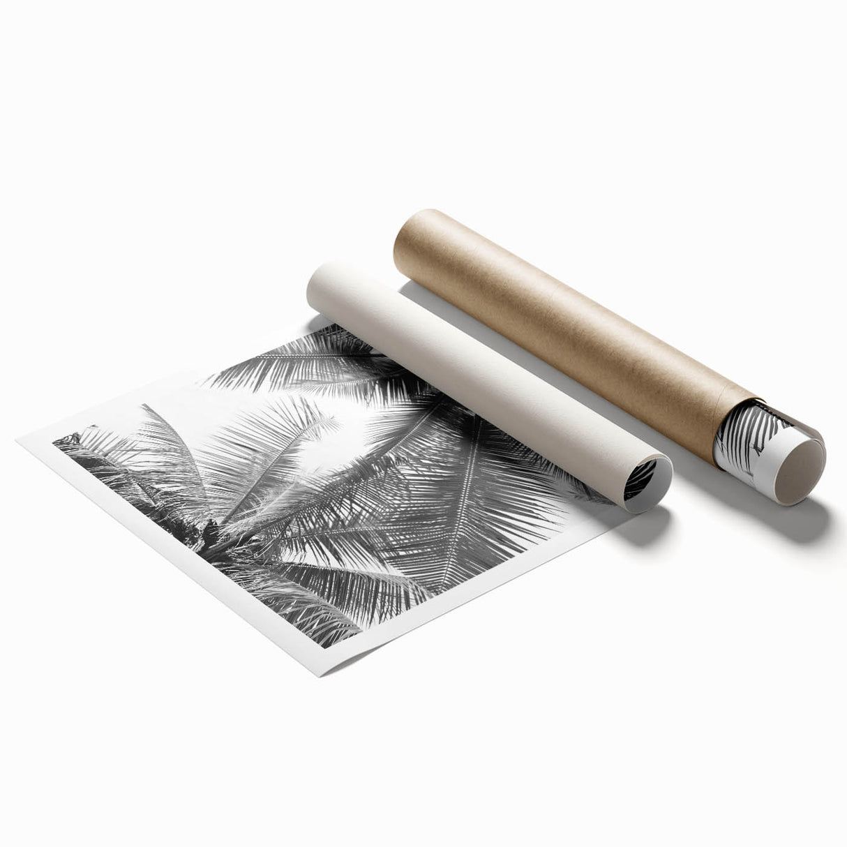 Rolled print showcasing a vibrant landscape design with lush green trees and a serene blue sky, ideal for home decor, packaged securely in a protective tube.