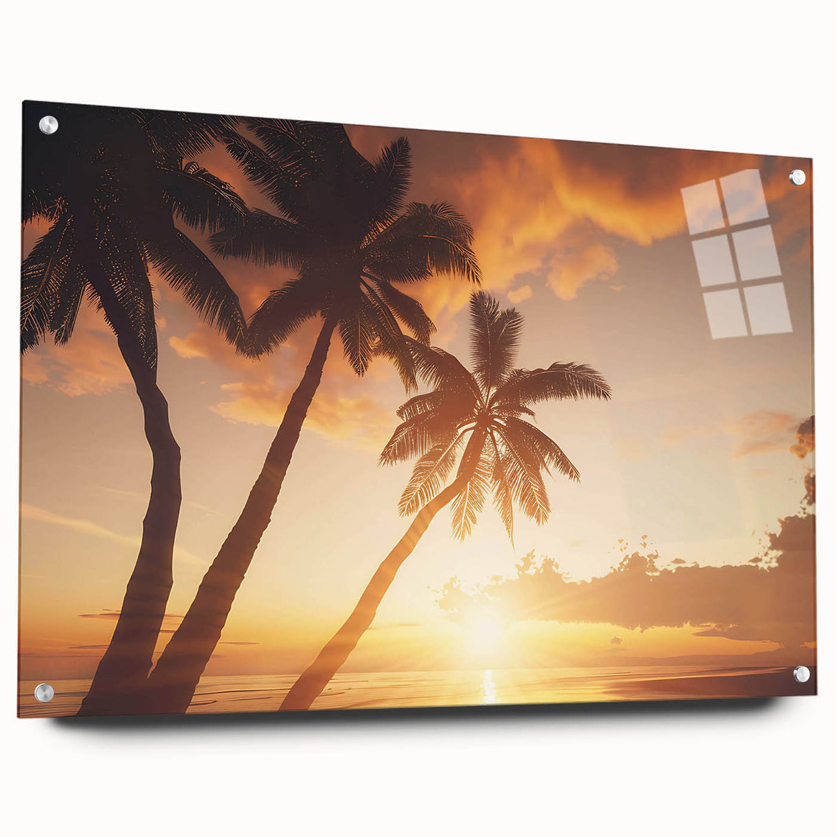 Acrylic glass wall art showcasing a vibrant landscape design featuring trees, displayed from a side view with decorative pins, perfect for enhancing home decor.