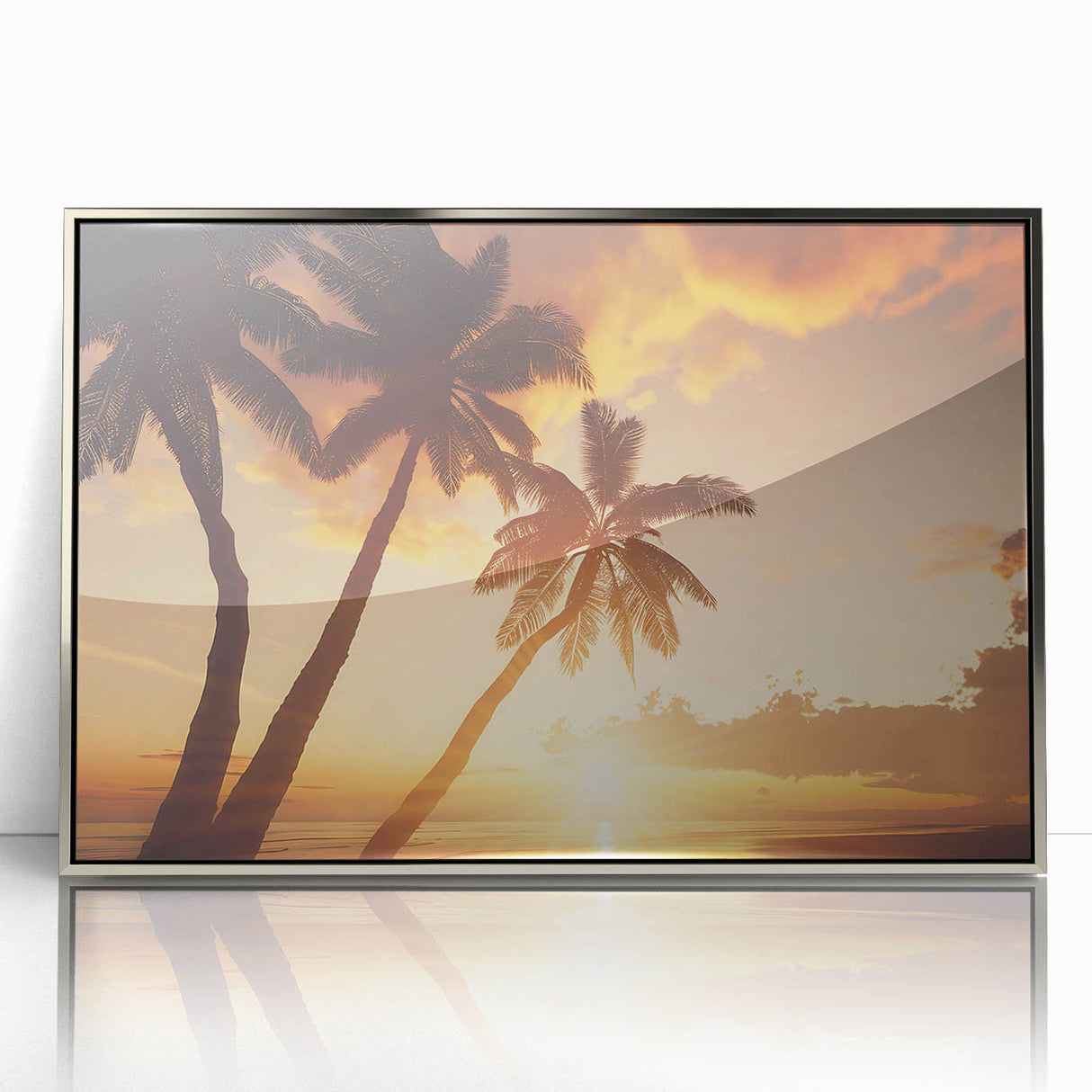 Framed acrylic wall art featuring a serene landscape with lush green trees, silver accents, and a modern design, perfect for enhancing home decor and creating a calming atmosphere.