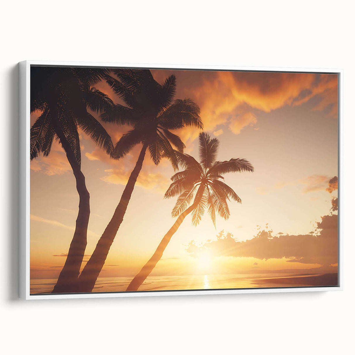 Framed canvas wall art showcasing a serene landscape with lush green trees, perfect for home decor, displayed in a modern white frame against a neutral background.