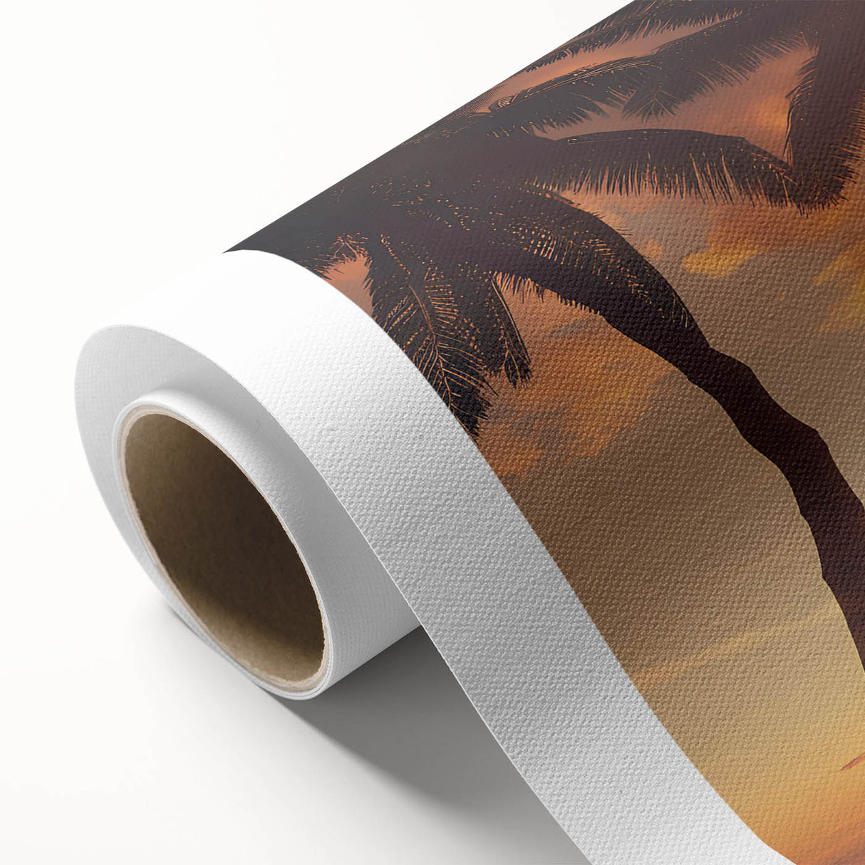 Rolled canvas artwork depicting a vibrant landscape with lush green trees and a serene blue sky, ideal for enhancing home decor and creating a tranquil atmosphere.