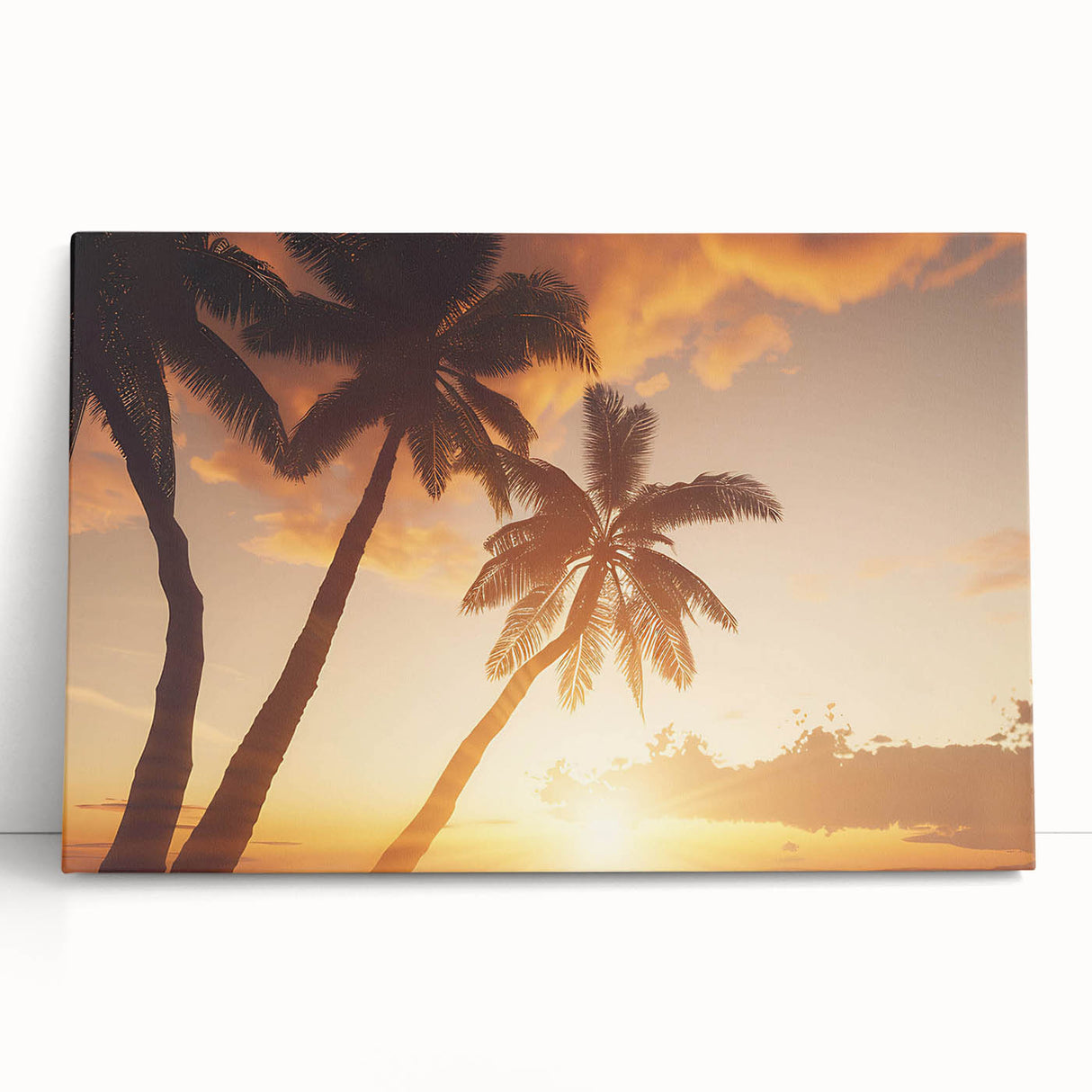 Stretched canvas wall art showcasing a serene landscape with vibrant green trees and a tranquil blue sky, perfect for enhancing home decor and creating a calming atmosphere.