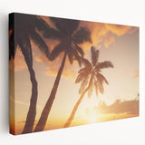 Stretched canvas wall art showcasing a serene landscape with lush green trees and soft blue skies, ideal for enhancing home decor with nature-inspired beauty.