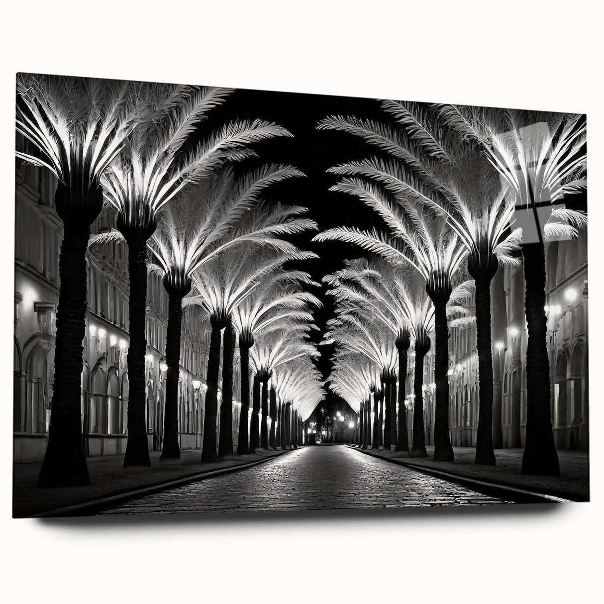 Acrylic glass wall art showcasing a vibrant landscape design with trees, featuring a side view that highlights its sleek edges and modern aesthetic, perfect for home decor.