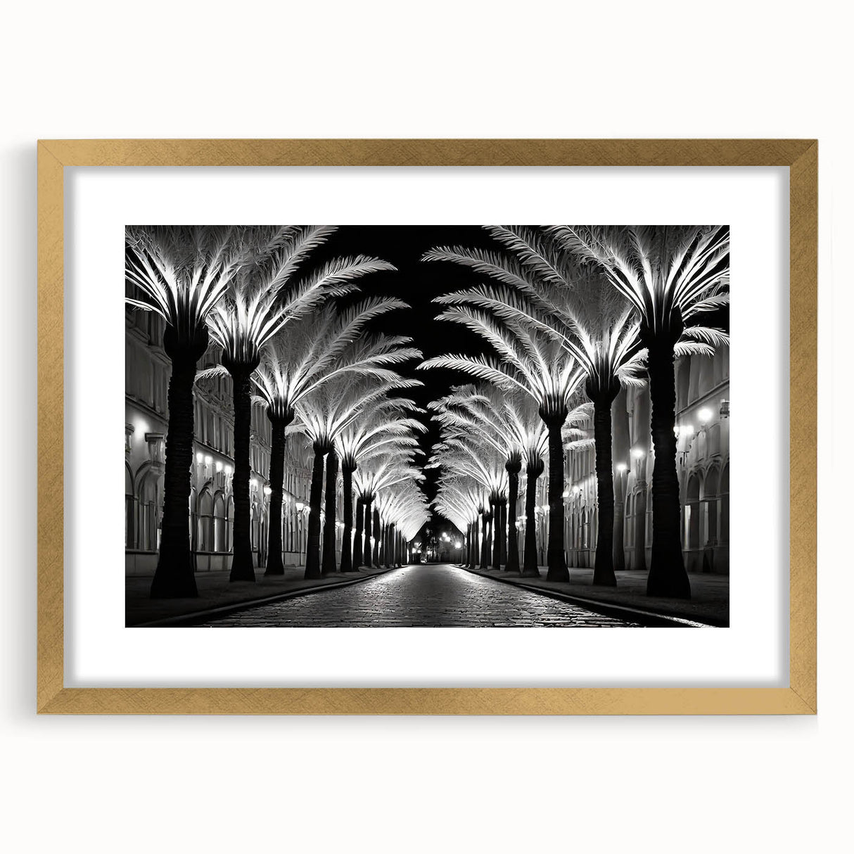 Framed wall art featuring a serene landscape design with lush green trees, elegant gold frame, and white mat, ideal for enhancing home decor aesthetics.