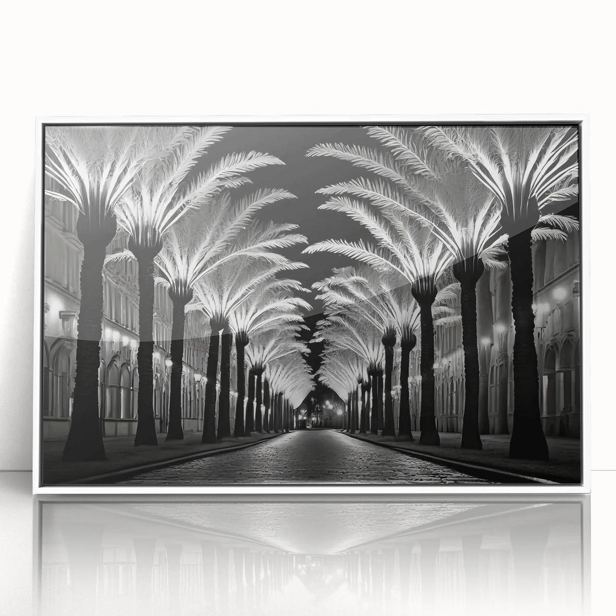 Framed wall art showcasing a serene landscape with vibrant green trees and a clear blue sky, presented in a sleek white frame, perfect for modern decor.