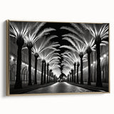 Framed canvas wall art featuring a serene landscape with vibrant trees, showcasing a gold frame and elegant side view, perfect for home decor enhancement.