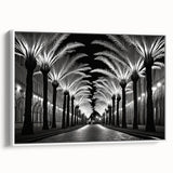 Framed canvas wall art showcasing a serene landscape with trees, presented in a white frame, ideal for enhancing home decor and creating a calming atmosphere. The design features vibrant colors and intricate details, making it a focal point for living spaces.