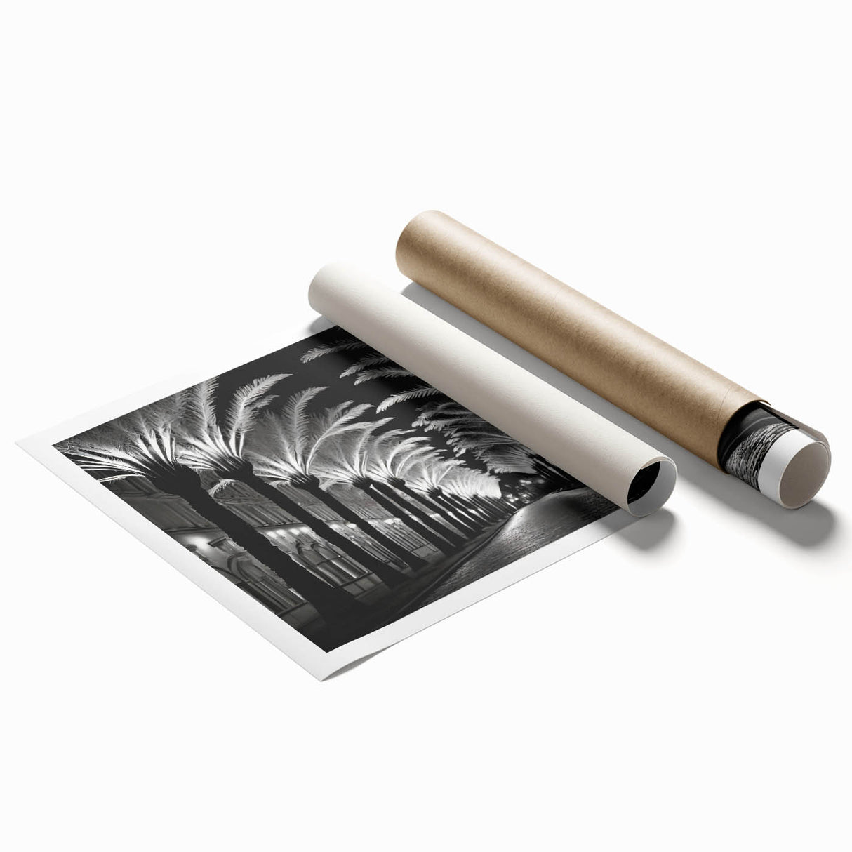 Rolled print of a serene landscape featuring lush green trees and vibrant blue skies, designed for wall art display, ideal for nature enthusiasts and home decor.