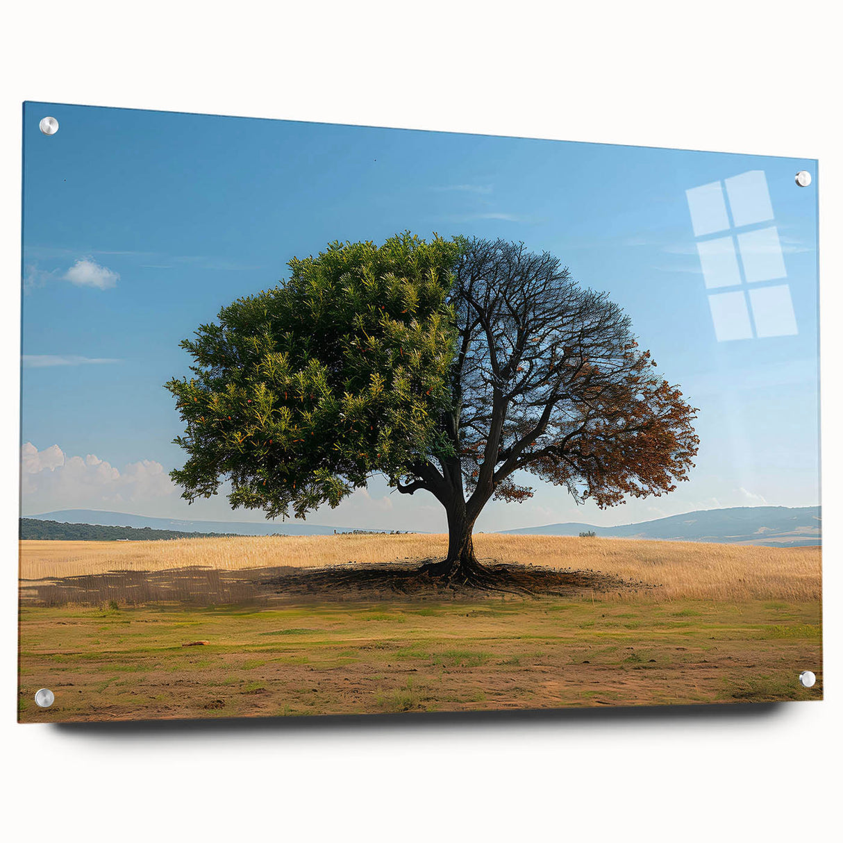 Acrylic wall art collection showcasing a vibrant landscape design with trees, displayed in a side view with pins, perfect for modern home decor.