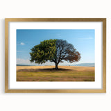 Framed wall art featuring a serene landscape with trees, designed with a gold mat, showcasing vibrant colors and intricate details, perfect for home decor enhancement.