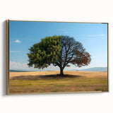 Framed wall art featuring a vibrant landscape design with lush green trees and golden accents, showcasing a modern aesthetic ideal for home decor enhancement.