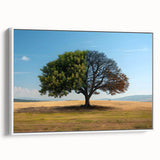 Framed canvas wall art showcasing a serene landscape of trees, featuring vibrant green foliage and a tranquil atmosphere, perfect for home decor.