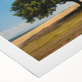 Vibrant rolled canvas showcasing a serene landscape with lush green trees and a tranquil blue sky, perfect for home decor or nature-themed interiors.