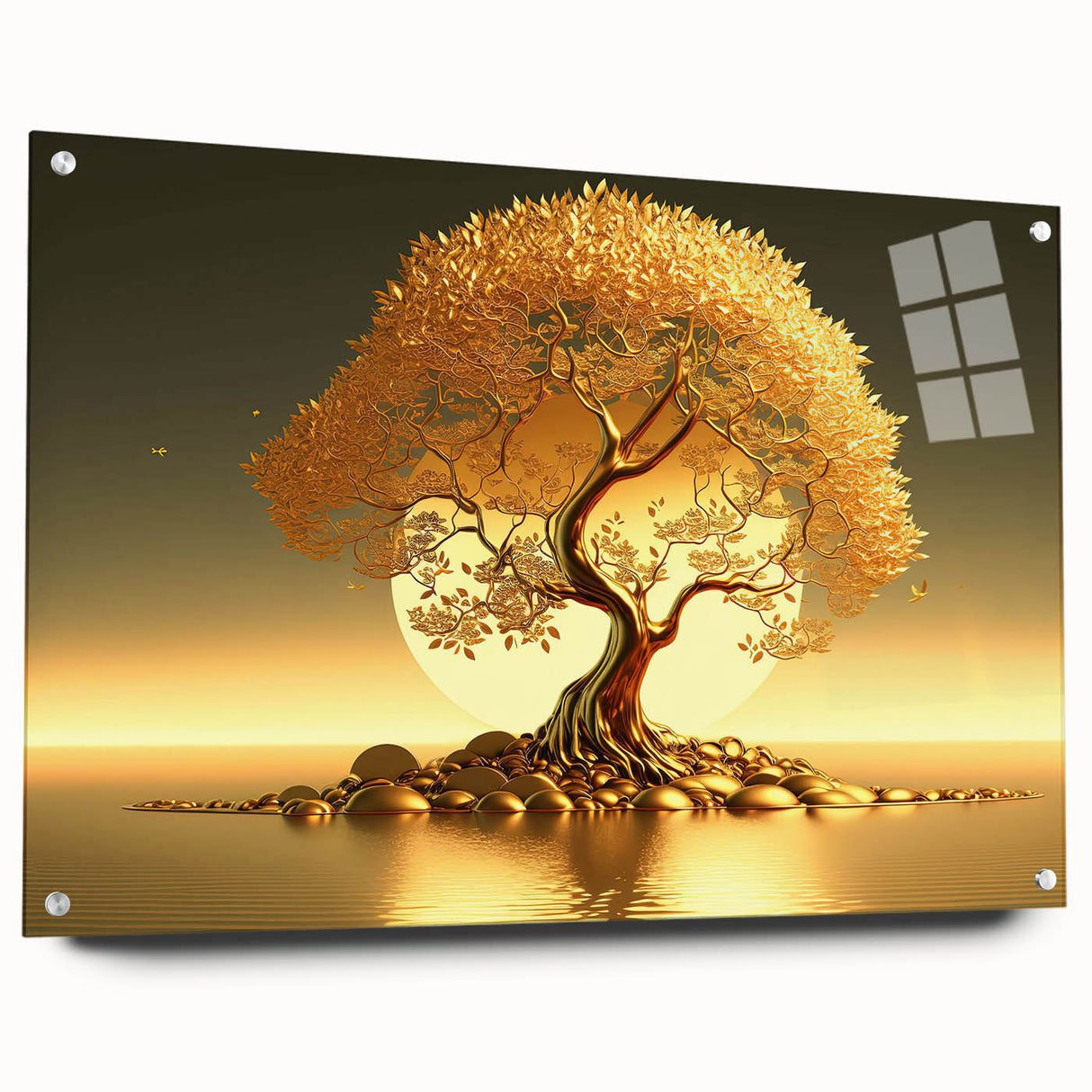 Acrylic glass wall art showcasing a vibrant landscape with trees, displayed from a side view. The piece is affixed with decorative pins, ideal for modern home decor.