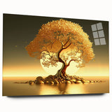 Acrylic glass wall art collection featuring a serene landscape with trees, displayed in a side view without pins, ideal for modern home decor.