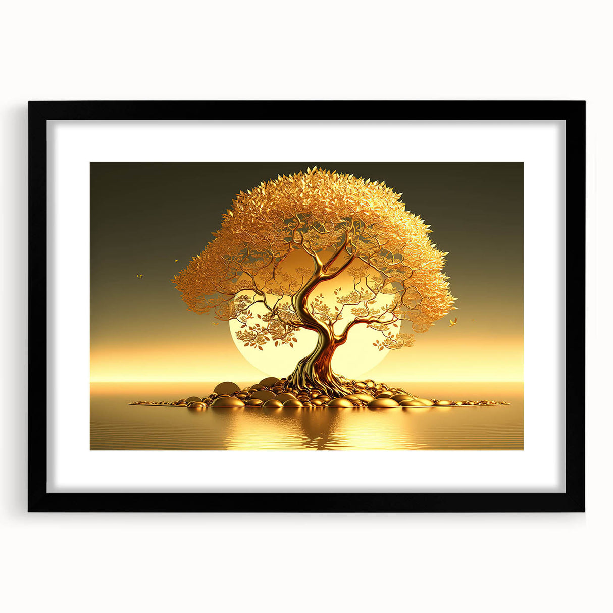 Framed wall art collection showcasing a serene landscape with trees, set in a sleek black frame with a mat, ideal for modern home decor. Perfect for nature-inspired interiors.