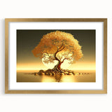 Framed wall art collection featuring a serene landscape with trees and gold matting, showcasing a modern design ideal for enhancing home decor.