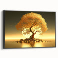 Framed canvas wall art featuring a serene landscape with tall trees, showcasing a black frame and a side view that highlights its modern design, perfect for home decor.
