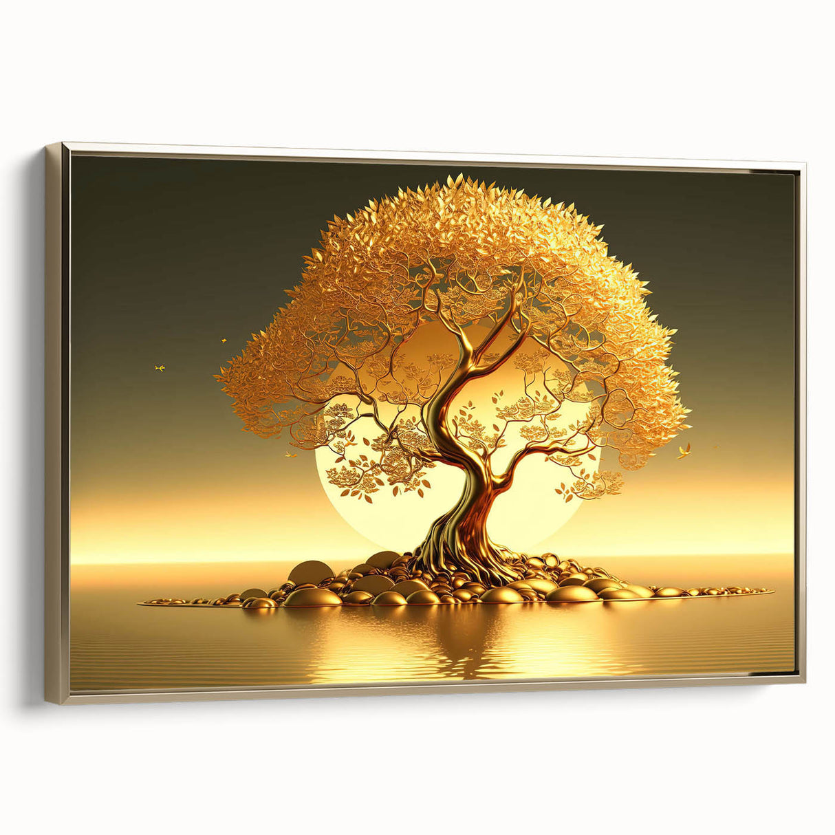 Framed canvas wall art collection showcasing a serene landscape with trees, featuring elegant gold accents. Perfect for enhancing modern home decor.