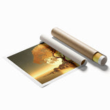 Rolled print of a serene landscape featuring tall green trees against a vibrant sunset backdrop, ideal for home decor. Perfect for nature-themed wall art collections.