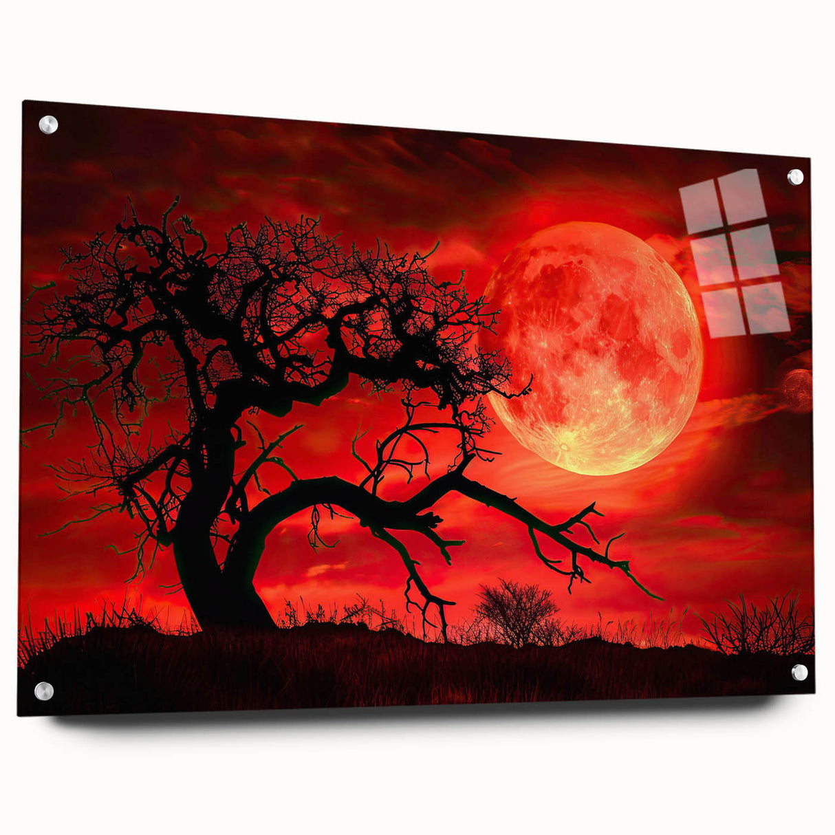 Acrylic wall art collection featuring a vibrant landscape with trees, displayed in a side view with decorative pins, perfect for modern home decor.
