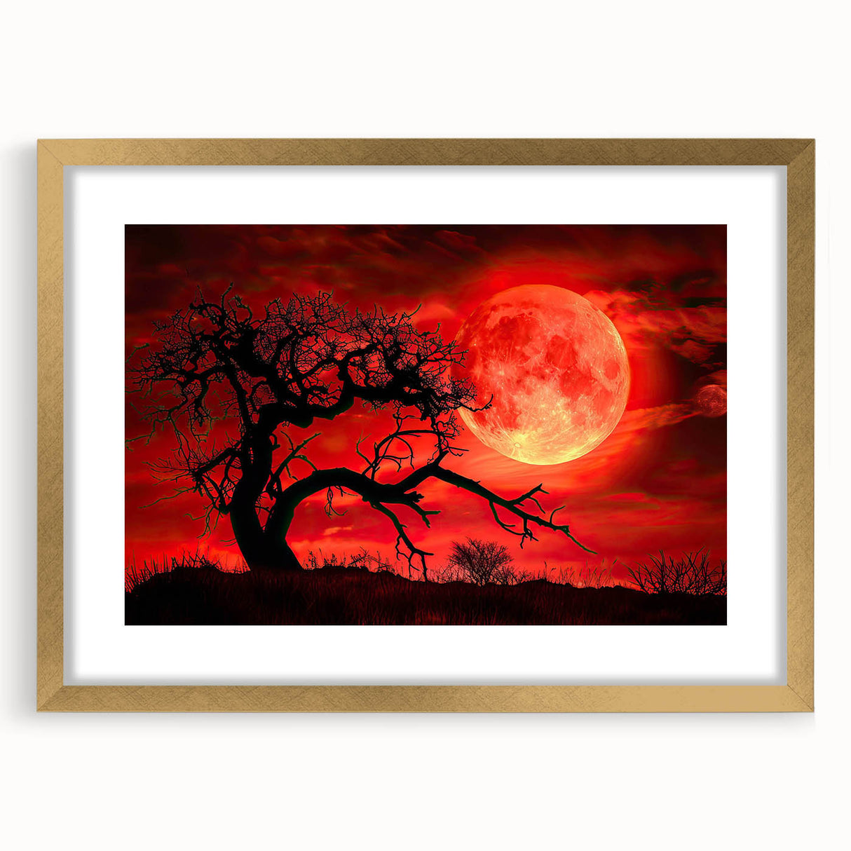 Gold-framed wall art collection featuring a serene landscape design with trees, elegantly matted for a refined aesthetic, perfect for home decor.