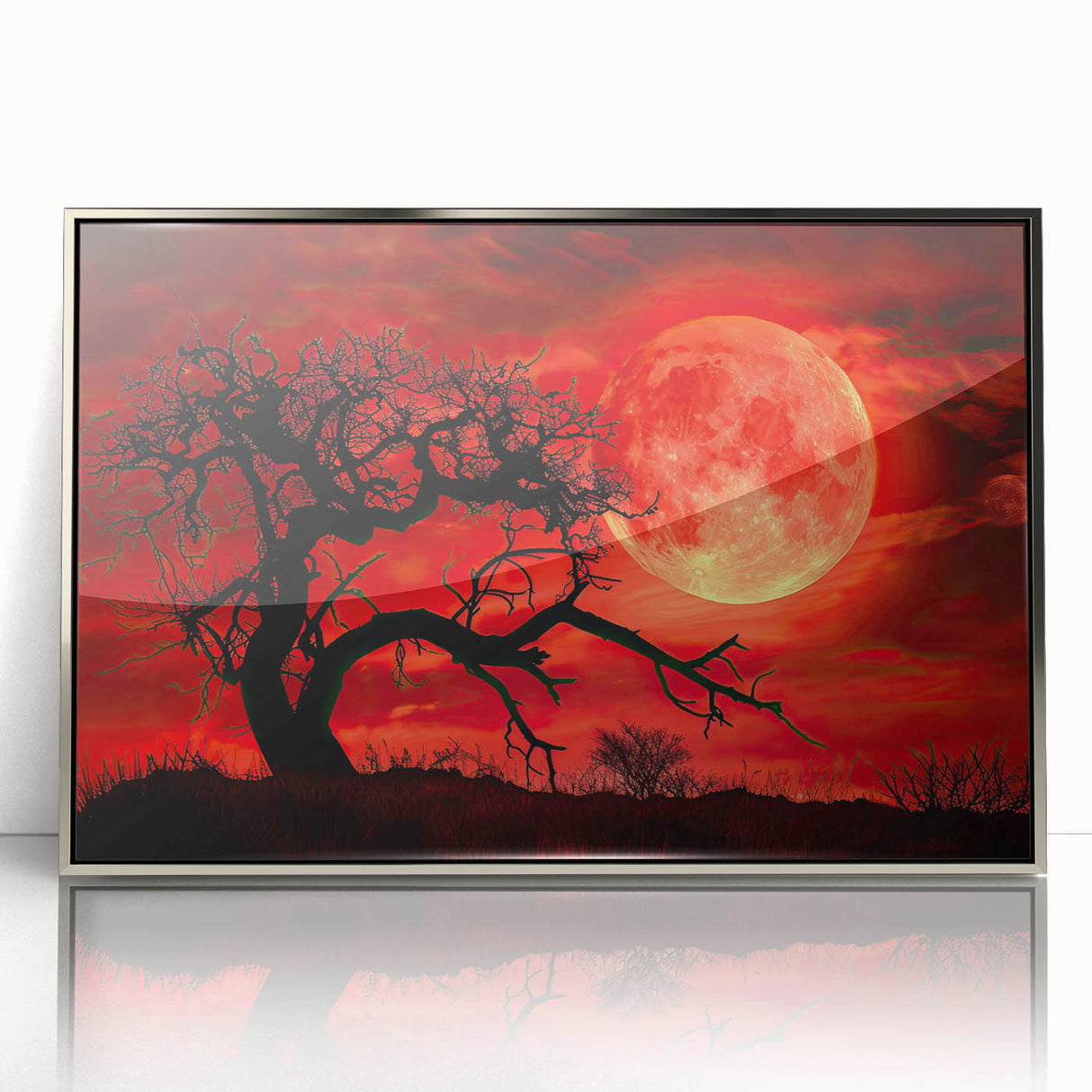 Framed acrylic wall art featuring a serene landscape with vibrant trees, showcased in a sleek silver frame, perfect for home decor enhancements.