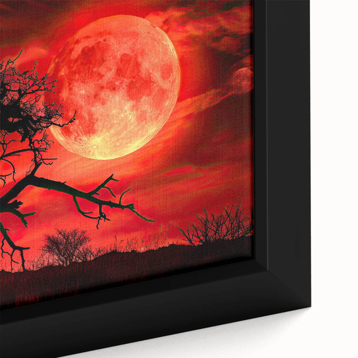 Framed canvas artwork showcasing a vibrant landscape with lush green trees and a serene blue sky, perfect for home decor and nature enthusiasts.
