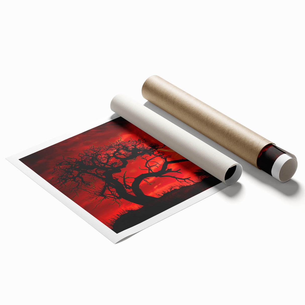 Vibrant rolled print of a serene landscape with lush green trees and a tranquil sky, ideal for home decor, showcasing nature's beauty in wall art form.