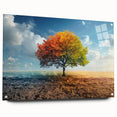 Acrylic wall art design showcasing a vibrant landscape with trees, displayed from a side view with decorative pins, ideal for modern home decor and nature enthusiasts.