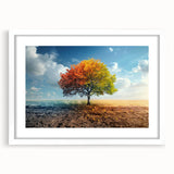 Framed wall art featuring a serene landscape of trees in a minimalist design, presented in a white mat and frame, ideal for modern home decor.