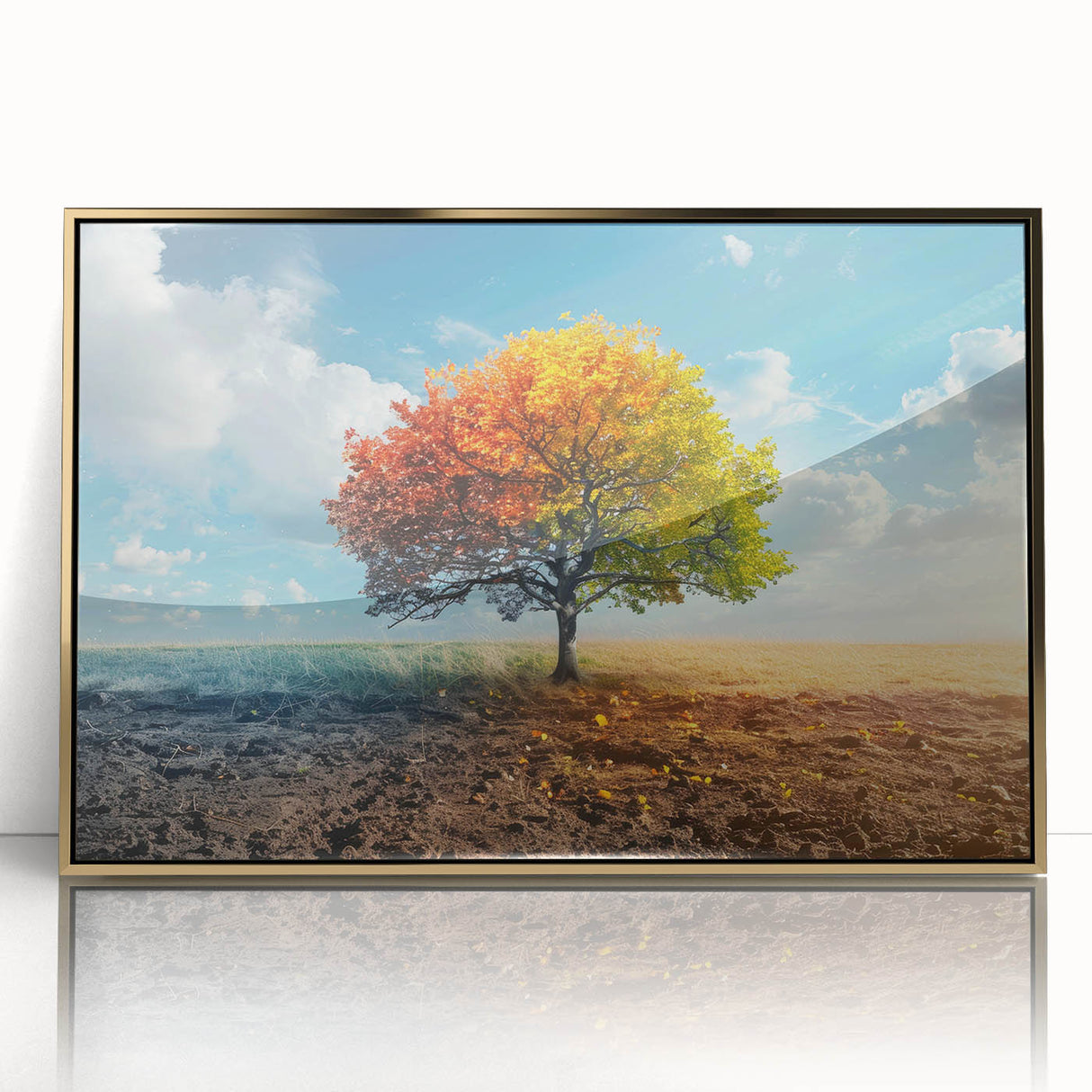Framed acrylic wall art depicting a vibrant landscape with trees, featuring a gold frame, perfect for adding elegance to home decor. Ideal for nature lovers.
