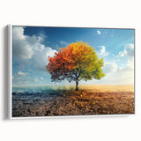 Framed canvas wall art featuring a serene landscape with vibrant green trees and blue sky, showcasing a modern design suitable for home decor.