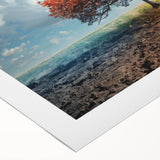Rolled canvas showcasing a vibrant landscape design with colorful trees, perfect for home decor. Packaged securely in a protective cardboard tube for delivery.
