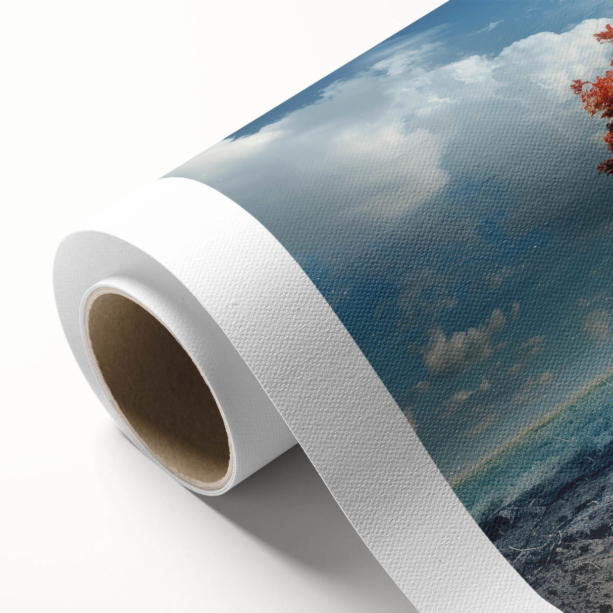 Rolled canvas artwork showcasing a vibrant landscape design with lush green trees and a serene blue sky, perfect for home decor and nature lovers.