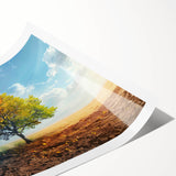 Stunning landscape wall art print featuring vibrant green trees set against a serene blue sky, showcasing nature's beauty in a rolled format, perfect for home decor.